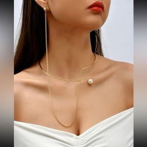 🎀 Lovely Faux Pearl Stud Chain Tassel Open Cuff Necklace 🎀
